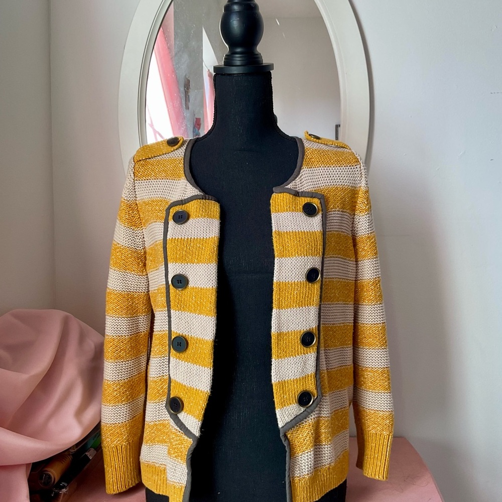 LOFT Mustard and Cream Striped Cardigan